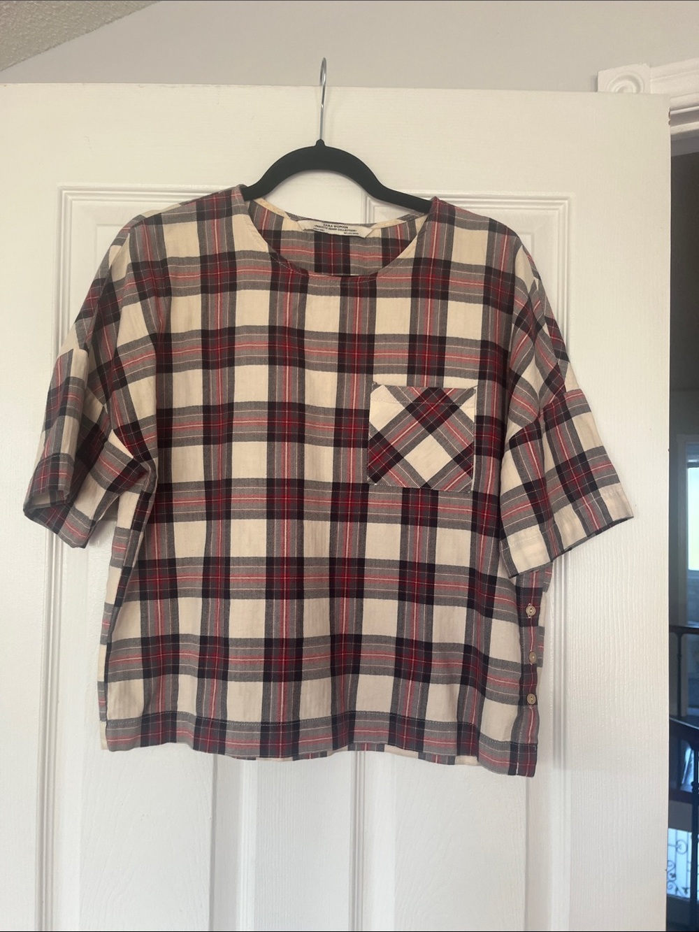 Zara Woman Cream, Red & Navy Plaid Blouse S